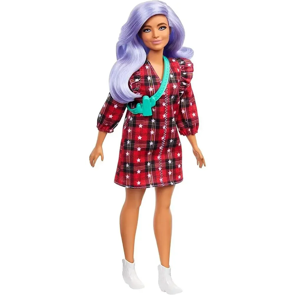 Barbie Fashionistas Doll #157 Curvy with Lavender Hair Red Plaid Dress NIB